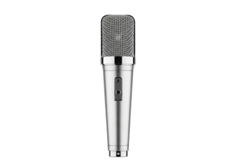 Professional silver microphone on a plain background, ideal for music recording and broadcasting