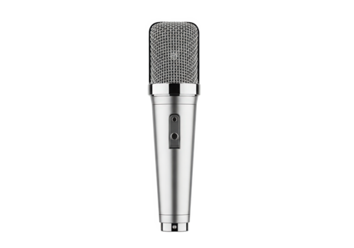 Professional silver microphone on a plain background, ideal for music recording and broadcasting