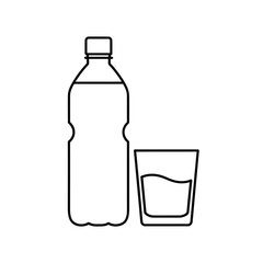 A simple black and white line art illustration of a plastic bottle next to a glass of water.