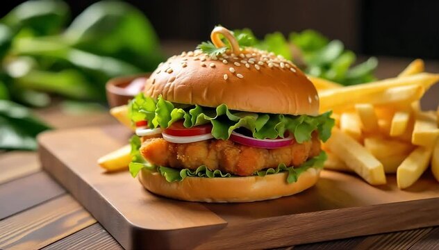 Katsu sando sandwich resting on wooden board with side of crispy fries and salad garnish 