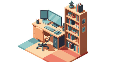 Isometric illustration of a home office workspace with computer and bookshelf.