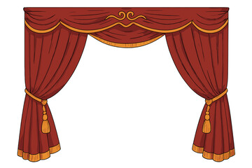 Red Velvet Theatre Curtains with Gold Tassels and Fringe, Decorative Opera Stage Cloth Border, Classic Vintage Curtain Drapes, Vector Cartoon Illustration Transparent Background