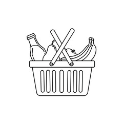Black and white line art of a shopping basket filled with groceries.