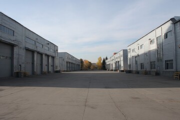 A wide view of an industrial area features several large storage buildings lined up on both sides. The clear blue sky suggests a sunny day, with a hint of autumn colors in the distance