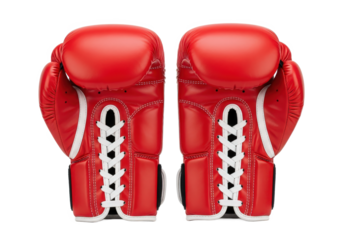 Red boxing gloves positioned symmetrically on a white background, ideal for sports-related promotions