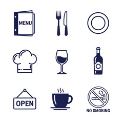 A collection of nine blue line icons representing various aspects of a restaurant, including menu, cutlery, chef's hat, drinks, and signs.
