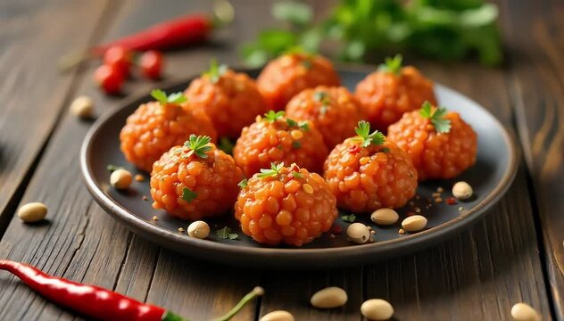 Kibbeh nayyeh arranged in oval shapes with pine nuts and chili flakes garnish 