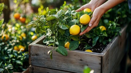 Hands harvesting lemons from lush green lemon tree in wooden planter outdoors
