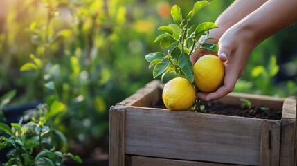 Hands harvesting lemons from a thriving potted lemon tree in sunny garden
