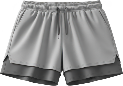 Light gray athletic shorts with double layer design isolated on transparent background
