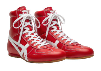 Red wrestling shoes with white accents displayed against a clean background, ideal for sports promotion