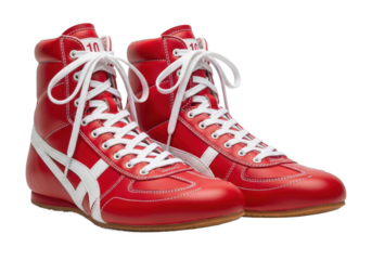 Red wrestling shoes with white accents displayed against a clean background, ideal for sports promotion