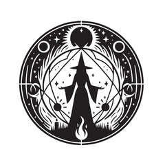 Black Witch Circle Ritual Silhouette Vector Illustration design, Solid White Background
