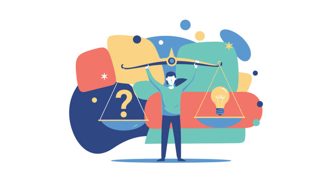 Person balancing airplane, question mark, and lightbulb, symbolizing problem-solving and innovation.