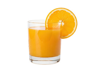 Refreshing glass of orange juice with a slice of orange on the rim, bright kitchen setting