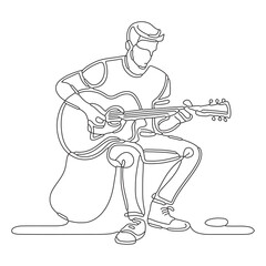 Line drawing of a man playing acoustic guitar sitting on a stool
