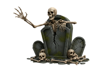 A skeleton emerges from a weathered tombstone, its bony hand reaching out against a stark black backdrop.