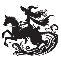Black Witch Riding Cat Silhouette Vector Illustration design, Solid White Background