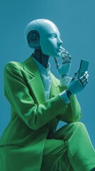 Futuristic android in green suit using smartphone against blue background