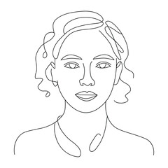 Minimalist line art portrait of a young woman with wavy hair