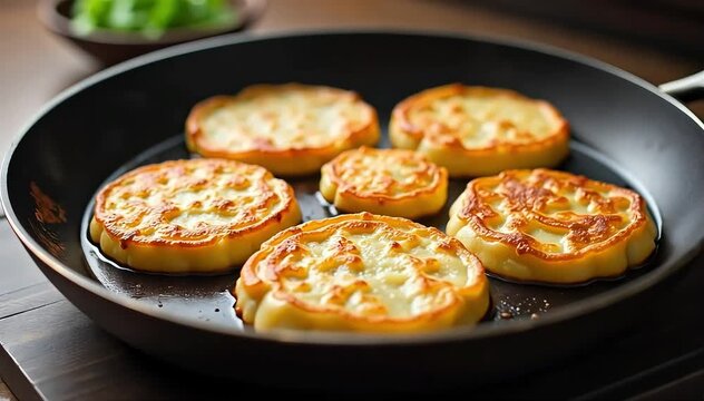 Korean bindaetteok mung bean pancakes frying in skillet with crispy edges and soft center 