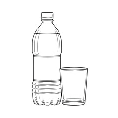 A bottle of water and a glass, hand-drawn illustration.
