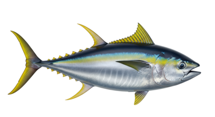Isolated Yellowfin Tuna showing vibrant colors and streamlined body, a marine fish specimen