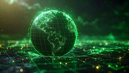 Futuristic representation of Earth with glowing green network