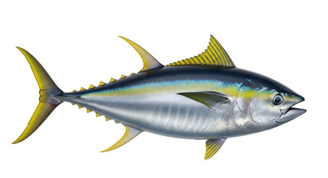 Isolated Yellowfin Tuna showing vibrant colors and streamlined body, a marine fish specimen