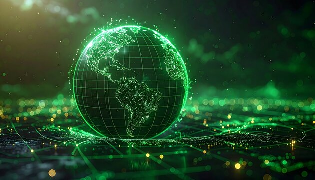 Futuristic representation of Earth with glowing green network - Powered by Adobe