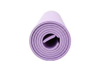 Rolled purple yoga mat positioned upright, showcasing texture, ideal for fitness activities indoors
