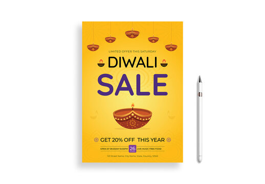 Modern Indian Diwali Sale Flyer Template with Diya Lamps