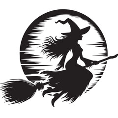 Black Witch on Broom Silhouette Vector Illustration design, Solid White Background