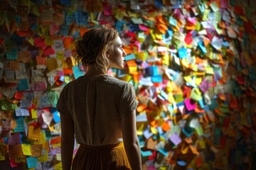 A young woman gazes at a wall covered in vibrant sticky notes, each filled with colorful messages. The warm indoor setting enhances the reflective mood of the moment