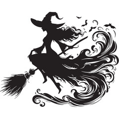 Black Witch on Broom Silhouette Vector Illustration design, Solid White Background