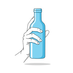 A hand holding a light blue glass bottle with a white background.