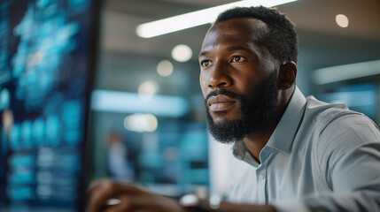 An African American engineer works on AI ethics coding neural network tools screens showing virtual intelligence visuals a futuristic interface behind AI ethics coding neural