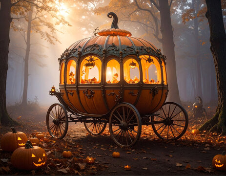 Pumpkin carriage glowing in foggy forest, fairytale meets halloween, cinematic