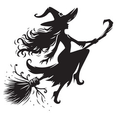 Black Witch on Broom Silhouette Vector Illustration design, Solid White Background