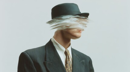 Surreal portrait of a caucasian male in suit with distorted face effect