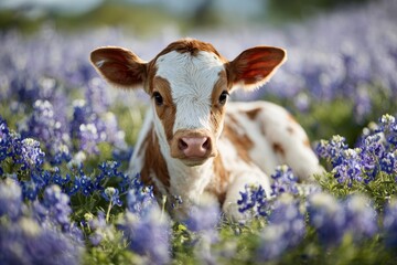 Calf resting in vibrant bluebonnet field on a sunny day