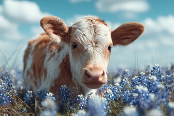 Adorable calf in vibrant flower field under a clear blue sky