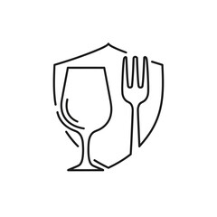 Monoline icon depicting a wine glass and a fork inside a shield, representing food safety, hygiene, and quality standards in dining.