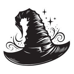 Black Witch Hat Silhouette Vector Illustration design, Solid White Background
