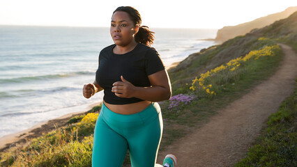 A photograph of a full-figured African woman with warm, radiant brown skin jogging along a coastal path. She wears vibrant turquoise running leggings and a simple black athletic top, her dark hair pul