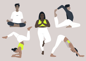 A collection of five distinct yoga poses showcases different practitioners in a tranquil setting, Each pose emphasizes balance, strength, and inner peace, inviting viewers to join the journey