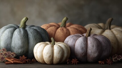 Autumn harvest: diverse pumpkins surrounded by cinnamon and star anise