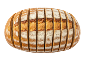 Sliced artisanal bread loaf showcasing its golden crust and soft interior, ideal for culinary presentations