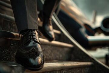 Black Leather Brogue Oxfords On Metal Steps Near Private Jet