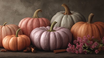 Colorful autumn pumpkins and flowers with cinnamon sticks on rustic table